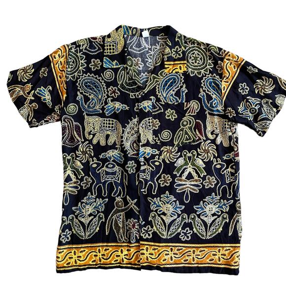Vintage Men's L Ethnic Rayon Short Sleeve Hawaiian Shirt Mix Print Black Multi - Picture 12 of 15